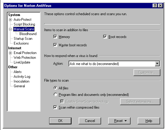 Configuring Norton AV Through Options Dialog Box