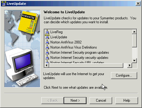 Norton's Welcome to LiveUpdate Dialog Box
